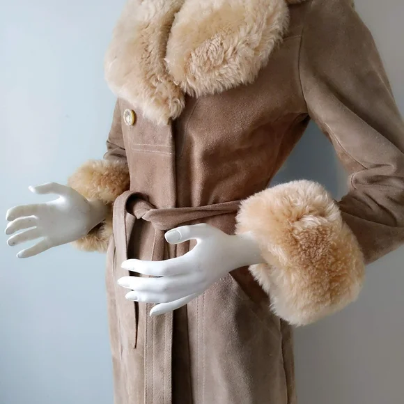 Vtg 70s Almost Famous Shearling Collar Cuffs Suede Maxi Wrap Trench Coat XS S - Picture 4 of 7
